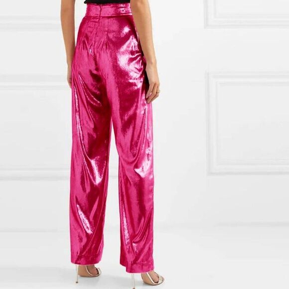 Michael Lo Sordo Marina Metallic Velvet Wide Leg Pant in Bright Hot Pink - Picture 1 of 13